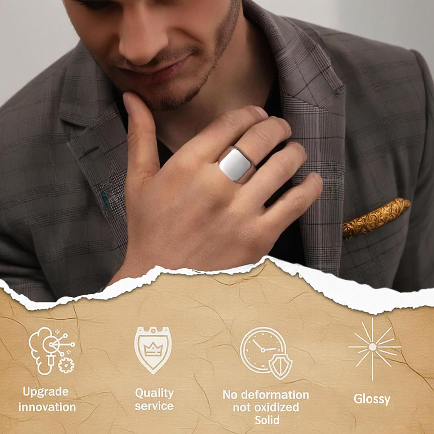 Mens Rings Stainless Steel Square Signet Rings for Men,Pinky Thumb Ring for Dad Father Jewelry Gift for Him,Men's Ring for Biker
