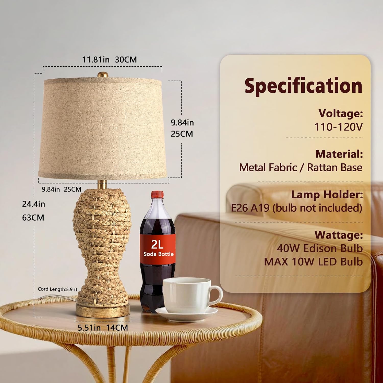24.4" Boho Table Lamps for Living Room, Bedside Lamp for Nightstands, Rattan Lamp Wicker Lamp for Bedroom, Farmhouse Rustic Woven Table Lamp for Kitchen Room Decor, End Table, Retro(No Bulb)