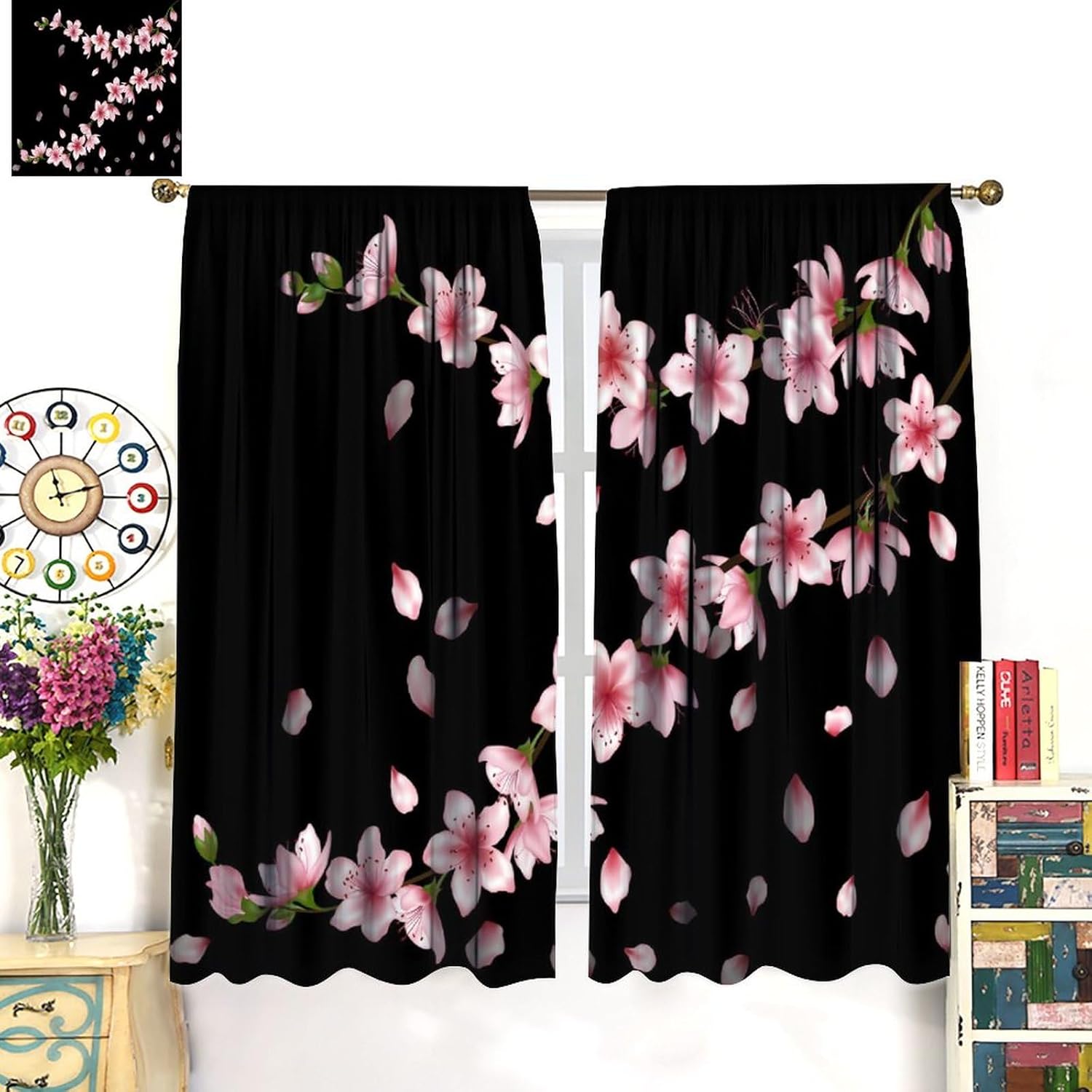 Floral Curtains Spring Romantic Pink Cherry Blossom Black Art Print for Girls Women Bedroom Living Room Kitchen Decor Rod Pocket Blackout Window Drape 42x45in