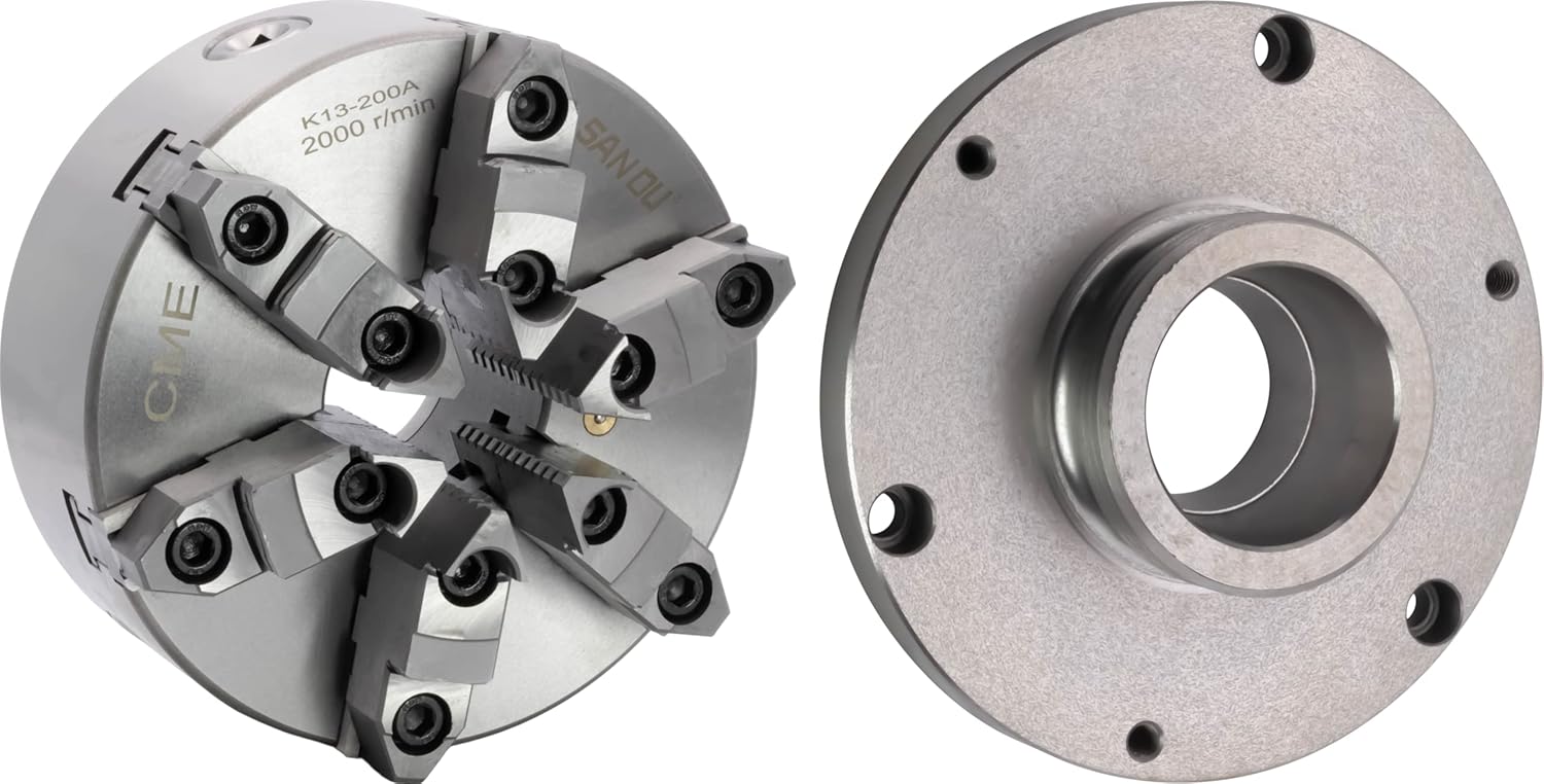 CME 8" 3-Jaw Self-Centering (Scroll) Lathe Chuck with L00 Long Taper Backing Plate, Two-Piece Reversible Jaws