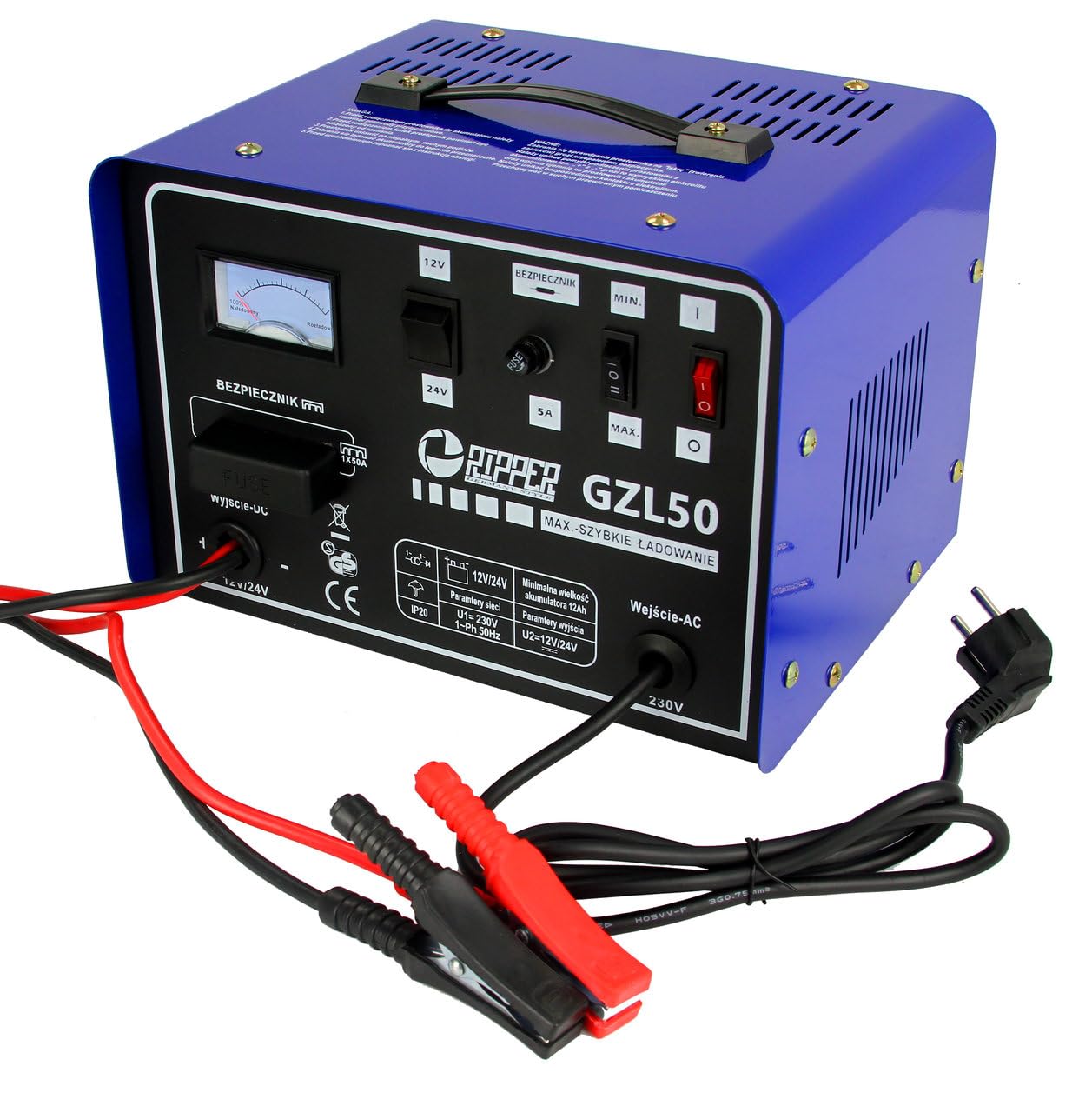 Cargador de coche con carga rápida | 12-24 V | corriente máxima 50 A | portátil | azul