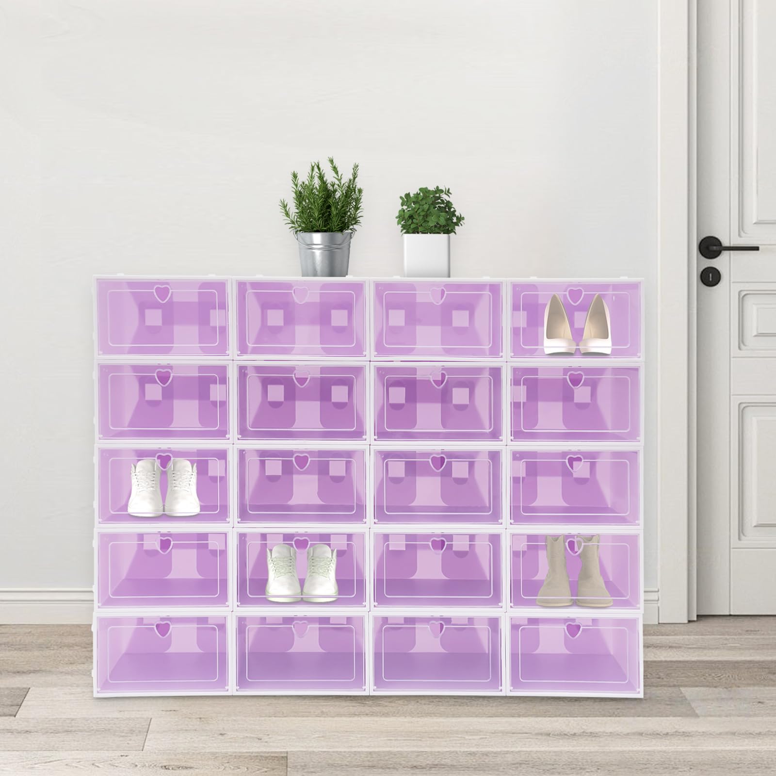 HHEMSTD 20 Pcs Foldable Shoe Box, Stackable Plastic Shoe Storage Organizer with Clear Lid, PP ABS Sneakers Storage Containers, 33 x 23 x 14cm Purple Shoe Organiser for Closet Bedroom Hallway Entryway