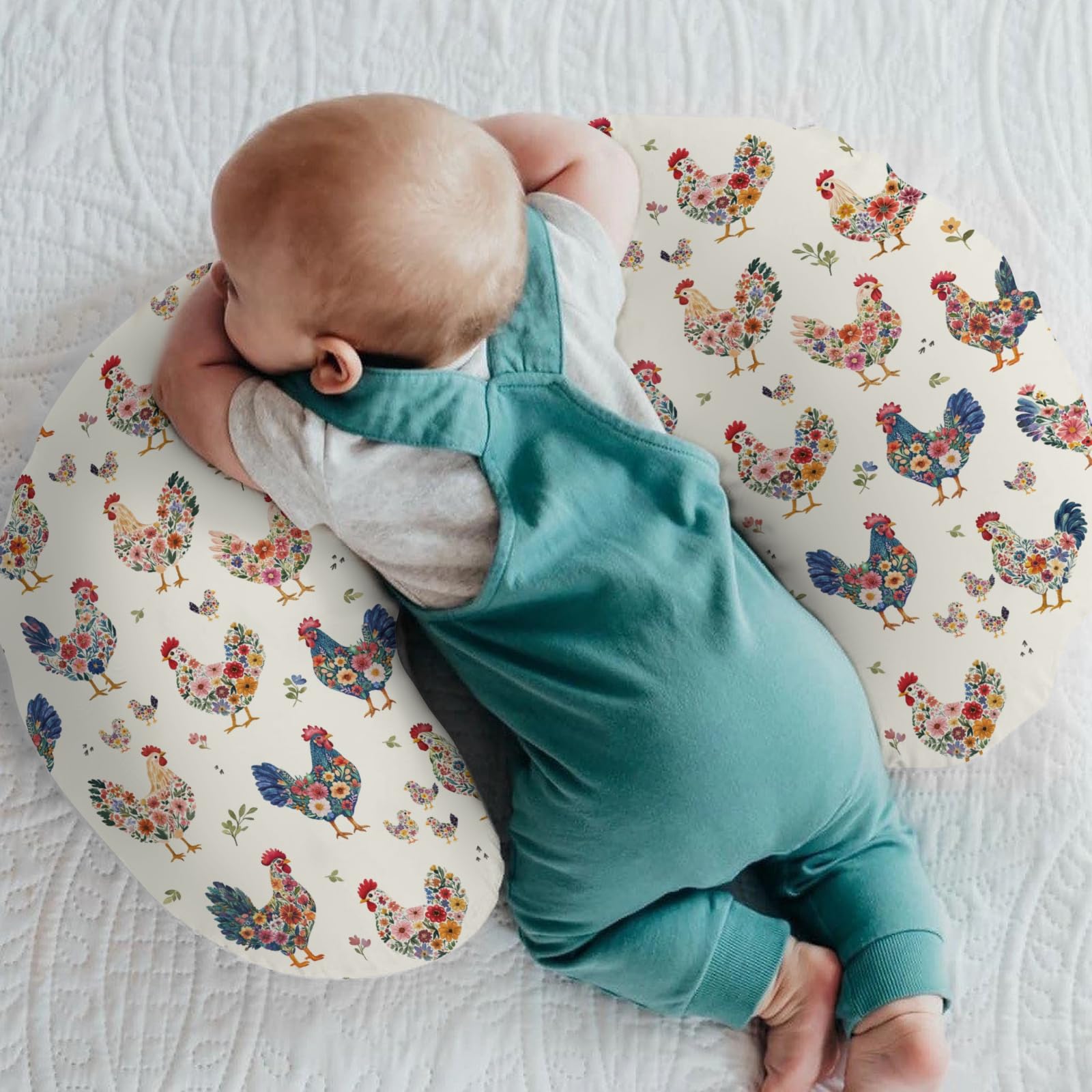 Chicken Breeds Floral Baby Nursing Pillow Covers for Boy Girl Rooster Hen Boho Flowers Nursing Pillow Slipcovers for Breastfeeding Pillows Spring Farm Animal Soft Stretchy Cover for Newborn Infant