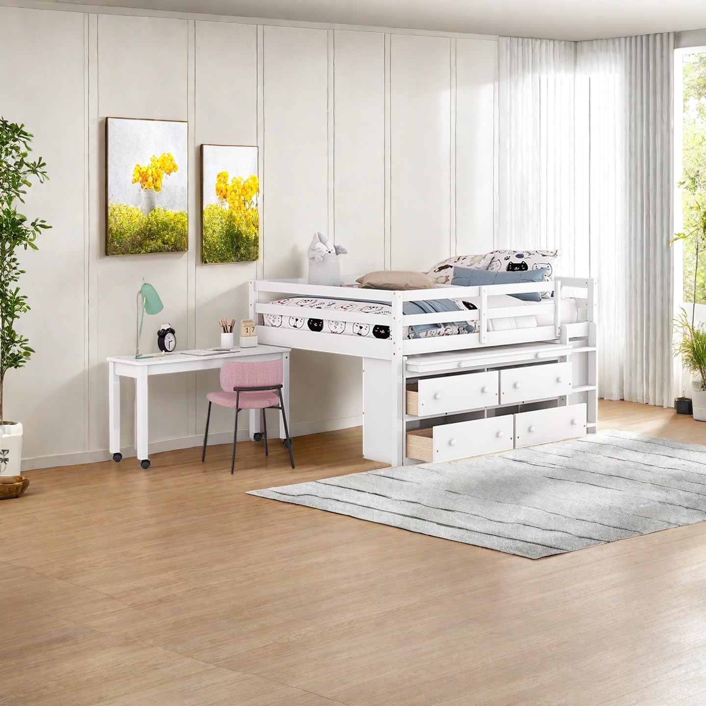 Twin Size Low Loft Bed with Desk and Storage Drawers for Kids, Wood Low Loft Bed with Shelves, Modern Style, No Box Spring Needed, White