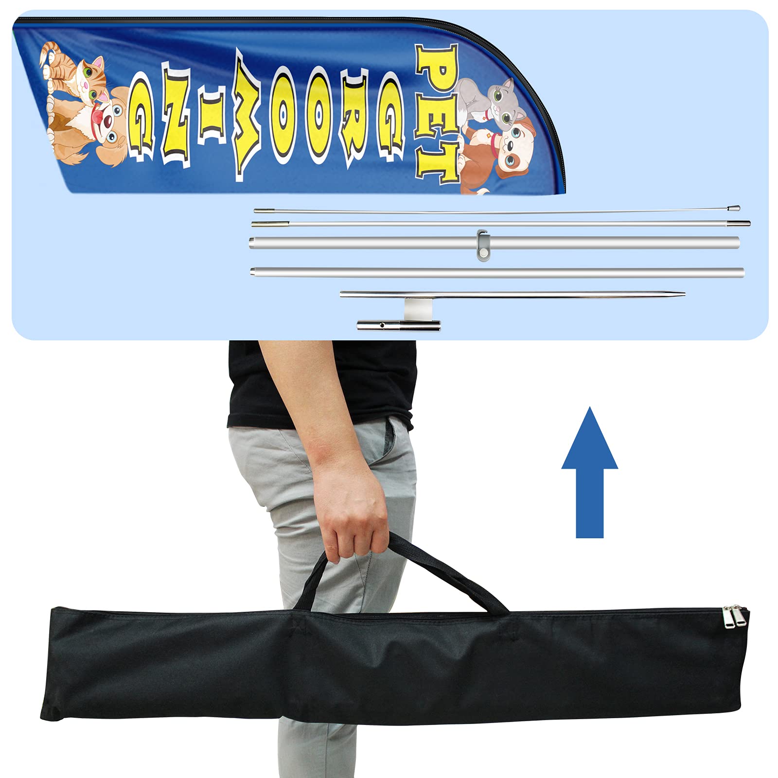 Bandera Swooper de aseo para mascotas, bandera de plumas publicitarias de aseo de mascotas de 11 pies con kit de poste, estaca de tierra, carteles de aseo de mascotas para negocios y escaparates