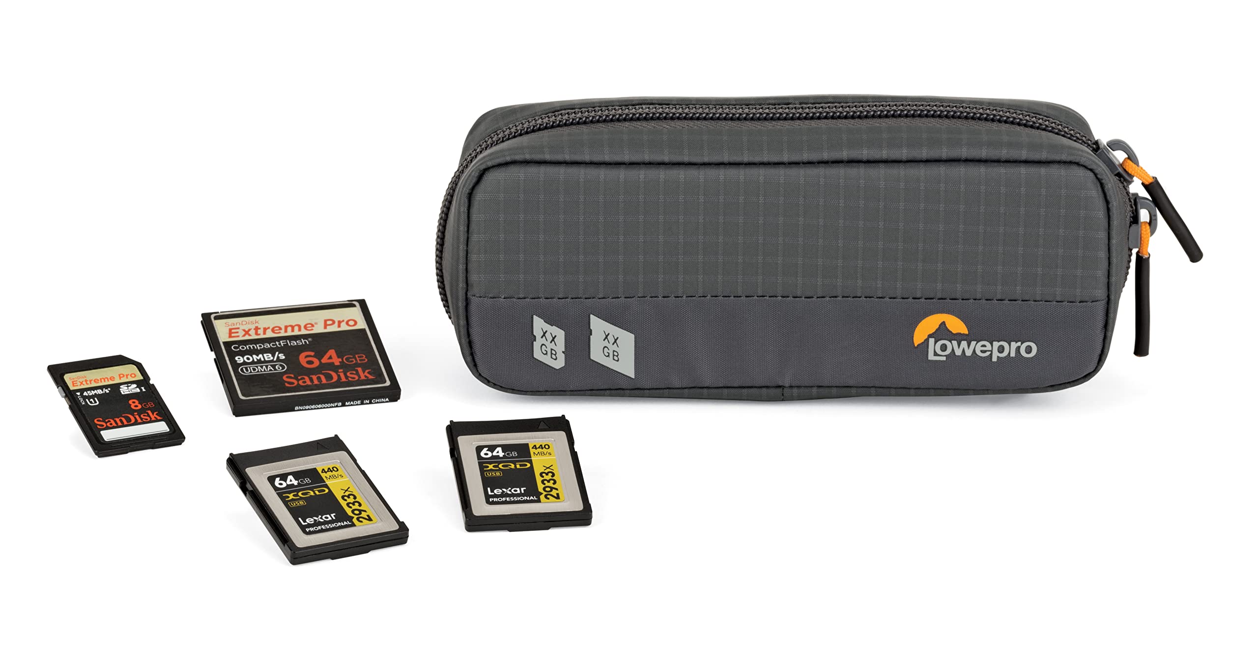 Lowepro GearUp Memory Wallet 20, Organizador Compacto de Tarjetas de Memoria para CF, XQD y SD, Estuche para SD con Doble Cierre de Cremallera, Hecho con Tejido Reciclado, Gris