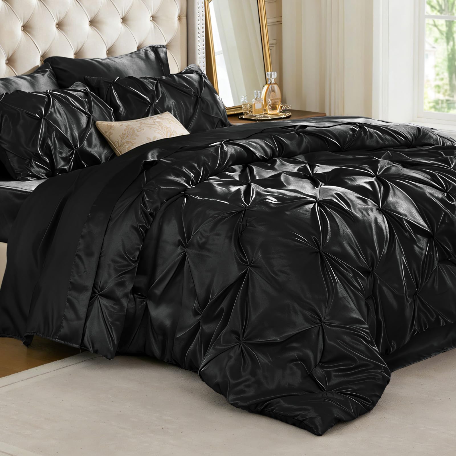 BEDELITE Satin Comforter Set Twin, 5 Pieces Pintuck Bed in A Bag, Black | 100% Polyester Satin, Smooth and Soft Silky Bed Set, 15" Deep Pocket, Durable Elastic Corner Straps, Gentle on Hair and Skin