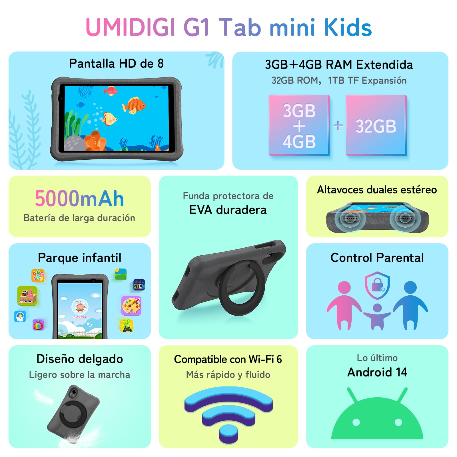 UMIDIGI Tablet para Niños 8 Pulgadas, G1 Tab Mini Kids Tablet, 7GB (3+4) + 32 GB/TF 1 TB, Quad-Core, 6000 mAh, Tableta Infantil con Control Parental, WiFi 6/BT5.0, Dual 5MP Cámara