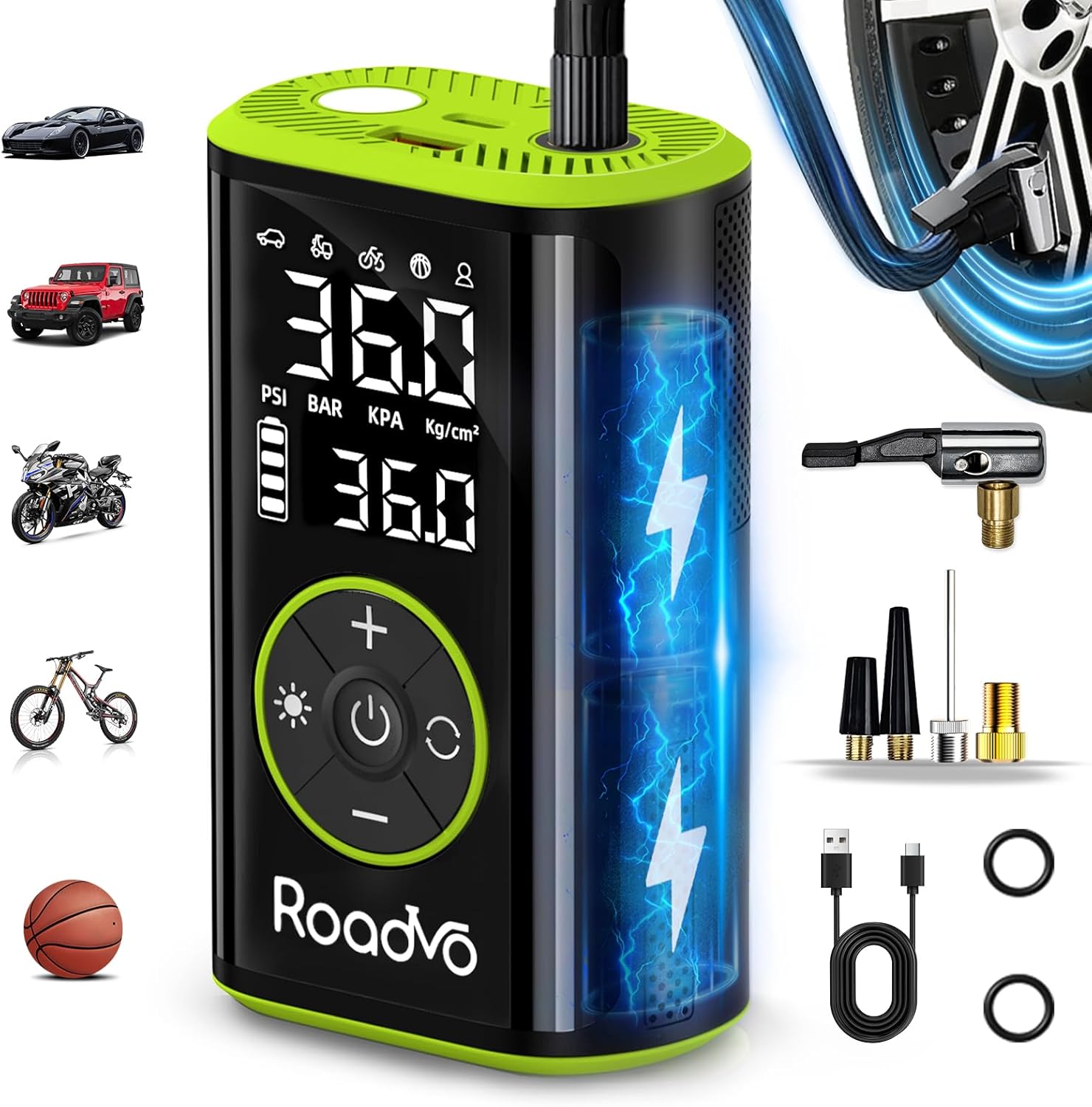 Roadvo [10000mAh] Tire Inflator Portable Air Compressor - 150PSI 3X Faster Cordless Air Pump for Car Tires, Portable Bike Pump with Digital Gauge, Auto Shut-Off, LED Light for Bike, Motorcycle, Ball