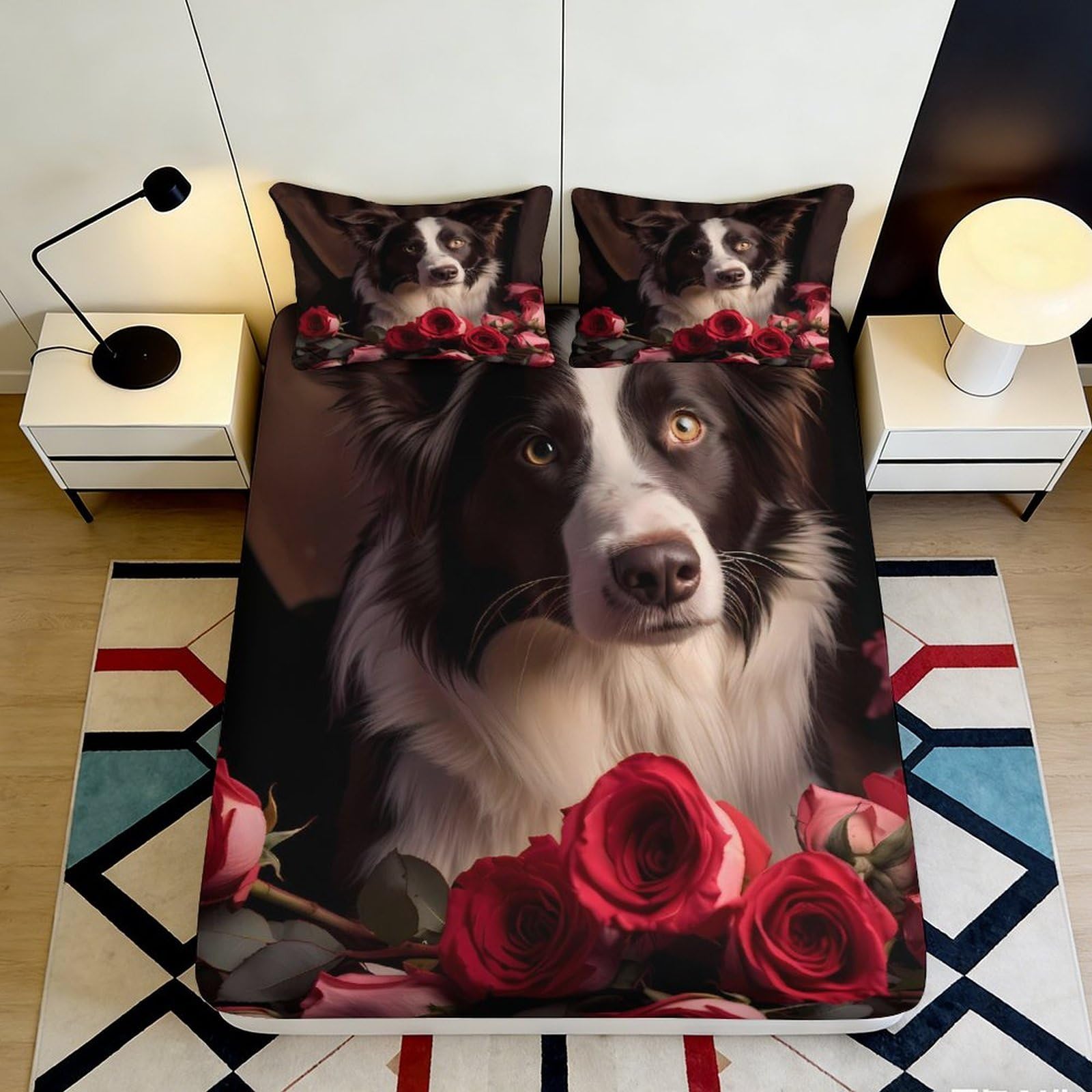 Pnayamiorkfel Style-9 3D Printed Border Collie Roses Fitted Sheet Microfiber Soft Anti-Slip Bed Sheet For Bedroom Guest Room Mattress Decor 90X200x25cm