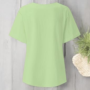 Summer Boho Shirts for Women Short Sleeve Decorative Buttons Printed Shirts Casual Loose Fit Round Neck Blouses