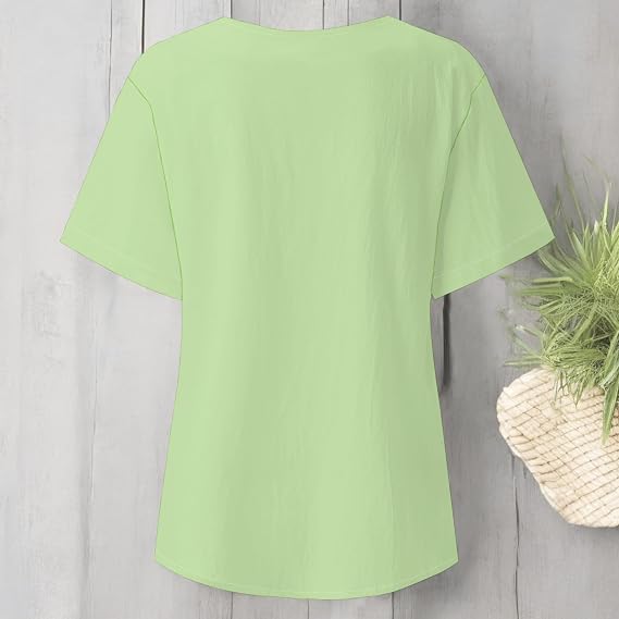 Summer Boho Shirts for Women Short Sleeve Decorative Buttons Printed Shirts Casual Loose Fit Round Neck Blouses