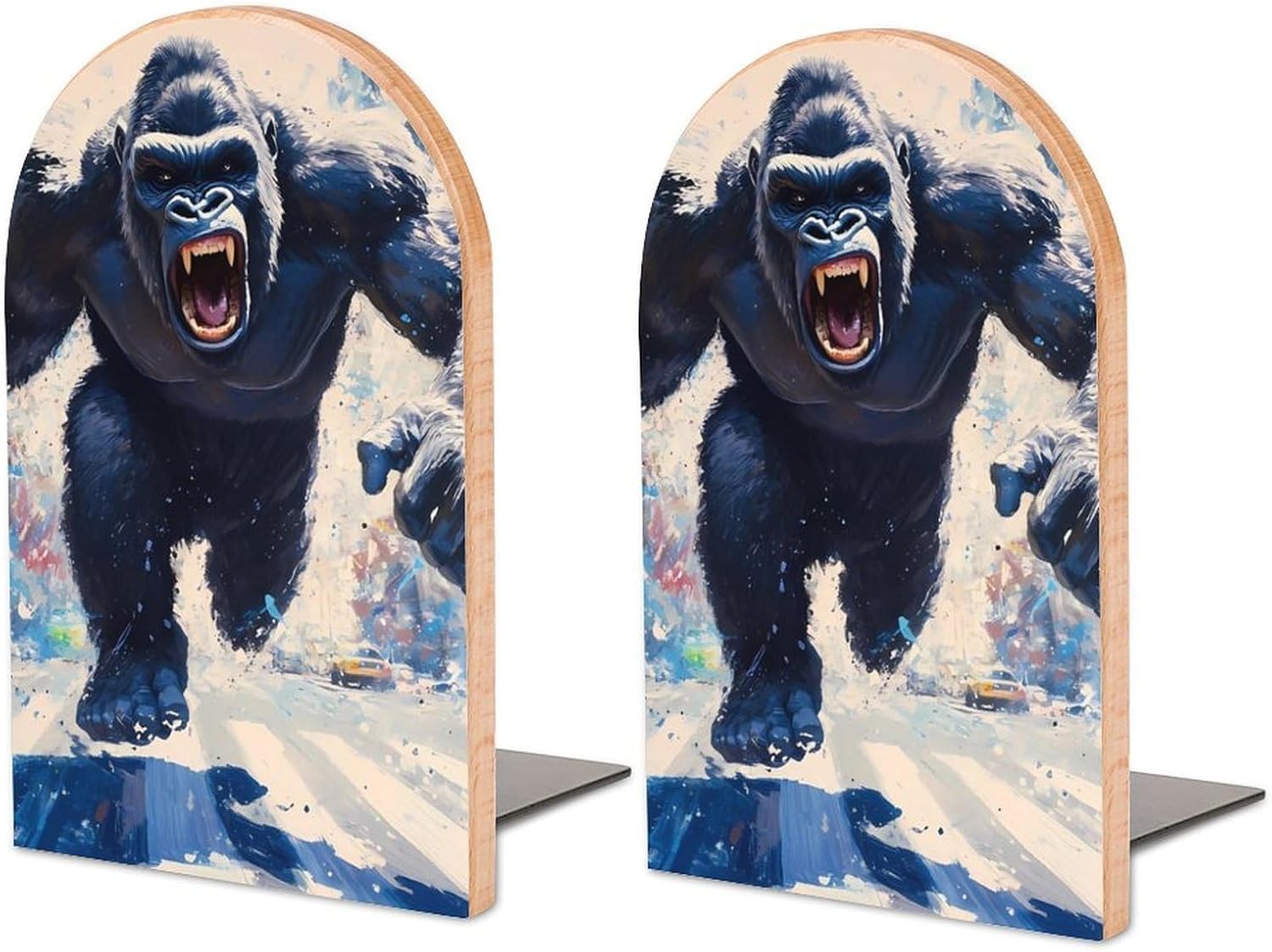 Angry Fighting Gorillas Cute Wood Book Ends Decorative Bookends 1 Pair Non-Skid for Shelves Home Office 7 X 5 Inch