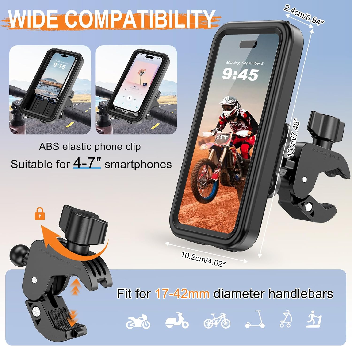 HUANLANG Motorcycle Phone Mount Anti Vibration, Waterproof Bike Phone Mount for Bicycles, Scooters, ATVs,[Dual Vibration Dampener][Upgraded Handlebar Clip] Motorcycle Phone Holder for 4-7" Cell Phones