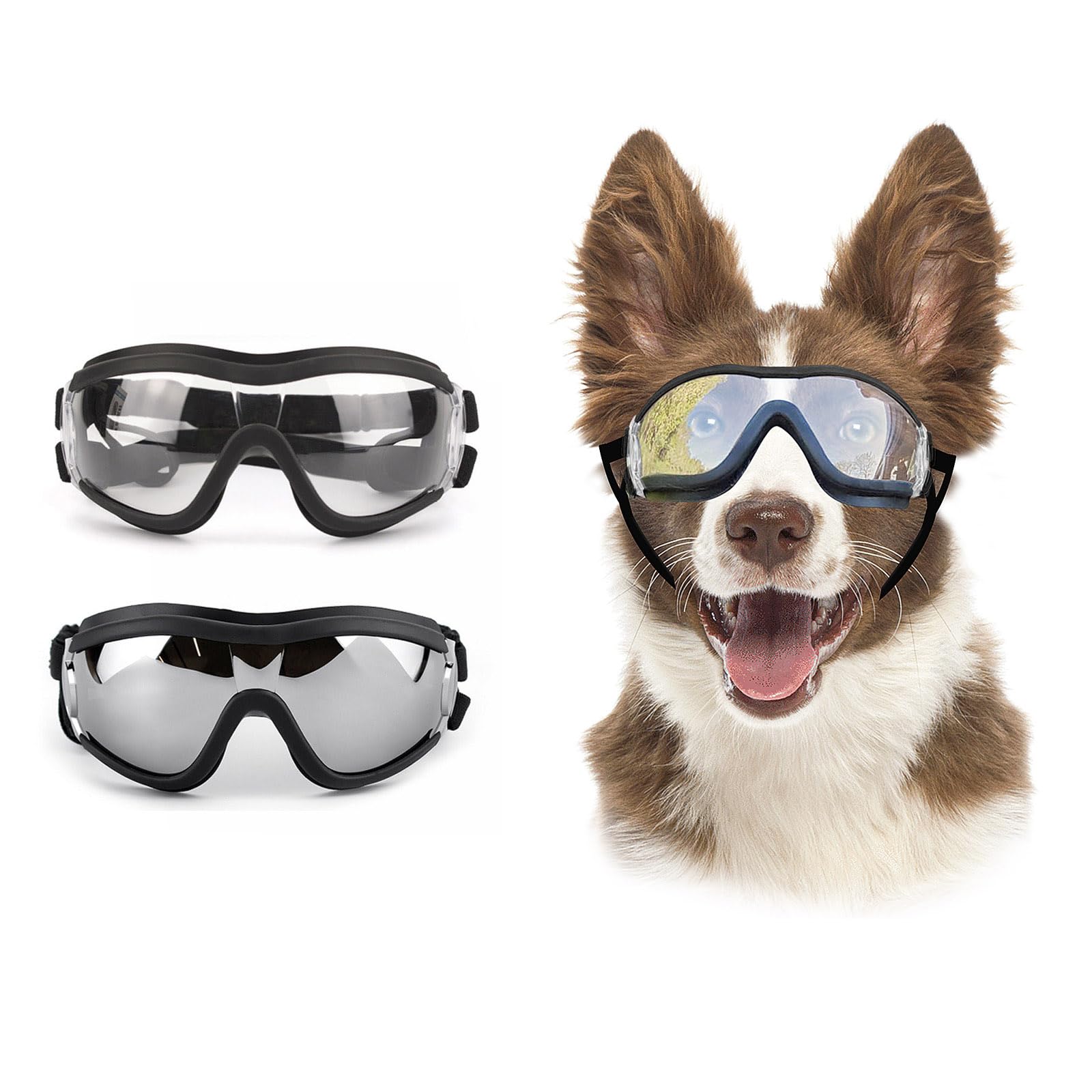Billionchains Pack of 2 Dog Goggles Dog Sunglasses for Medium to Large Breed Anti-UV Eye Protection with Adjustable Straps- Silver & Transparent