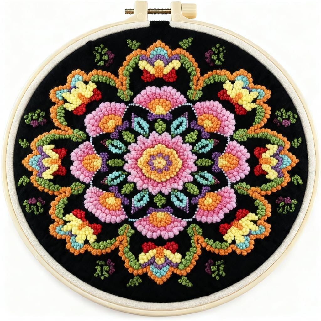 DIY Punch Needle Kits Mandala Pattern Flower Easy for Beginners Starter Set with Hoop Needlepoint Embroidery Craft Hobby and Home Decor 20x20cm