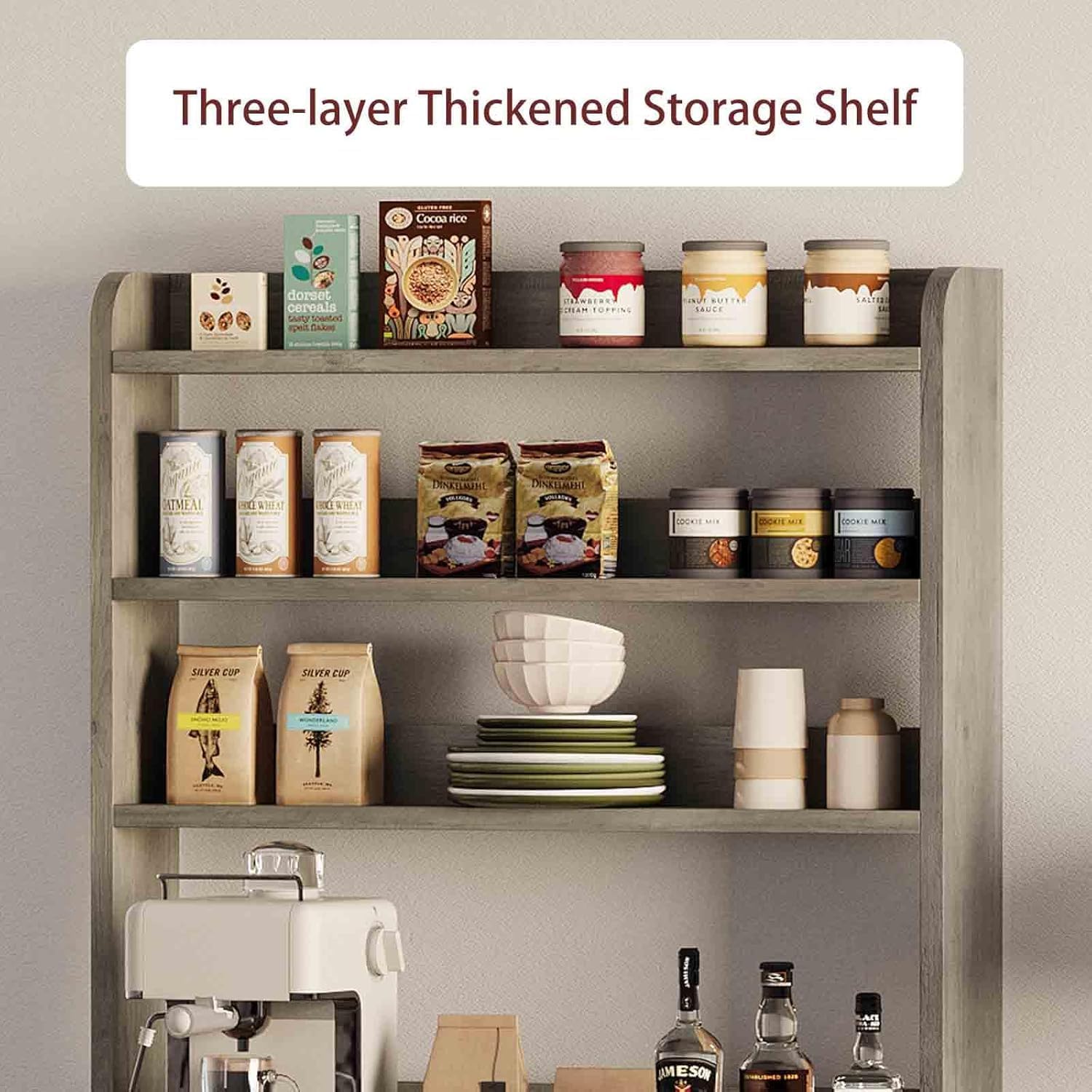 TrailBlaze Microwave Stand Bakers Rack with Power Outlet, Freestanding 6-Tier Kitchen Pantry Hutch Tall with Door & Storage Shelves, Thickened Counter, Coffee Bar Station for Living Room, Rustic Gray