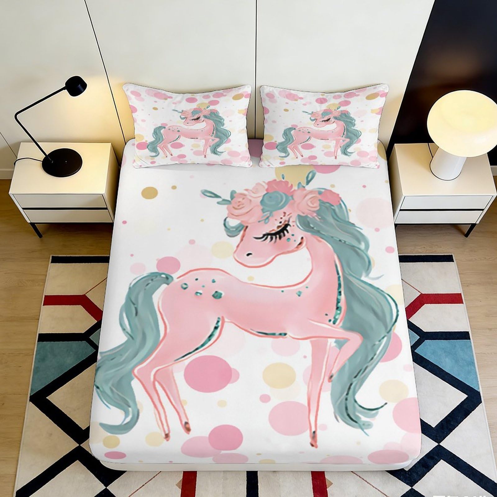 3D Printed Pink Unicorn Fitted Sheet Microfiber Soft Pastel Rainbow Mattress Cover for Bedroom Dorm Decor 90x200x25cm