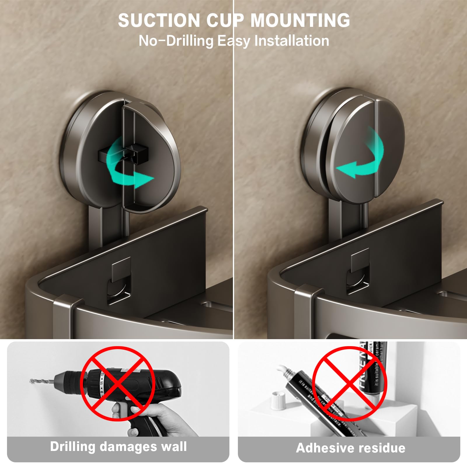 VOLPONE 2 Pack Shower Caddy Suction Cup, Corner Shower Shelves No Drilling, Showers Organizer Storage with Towel Bar & Removable Hooks, Bathroom Shower Shelf Rack for Inside Showers, Triangle — view 5