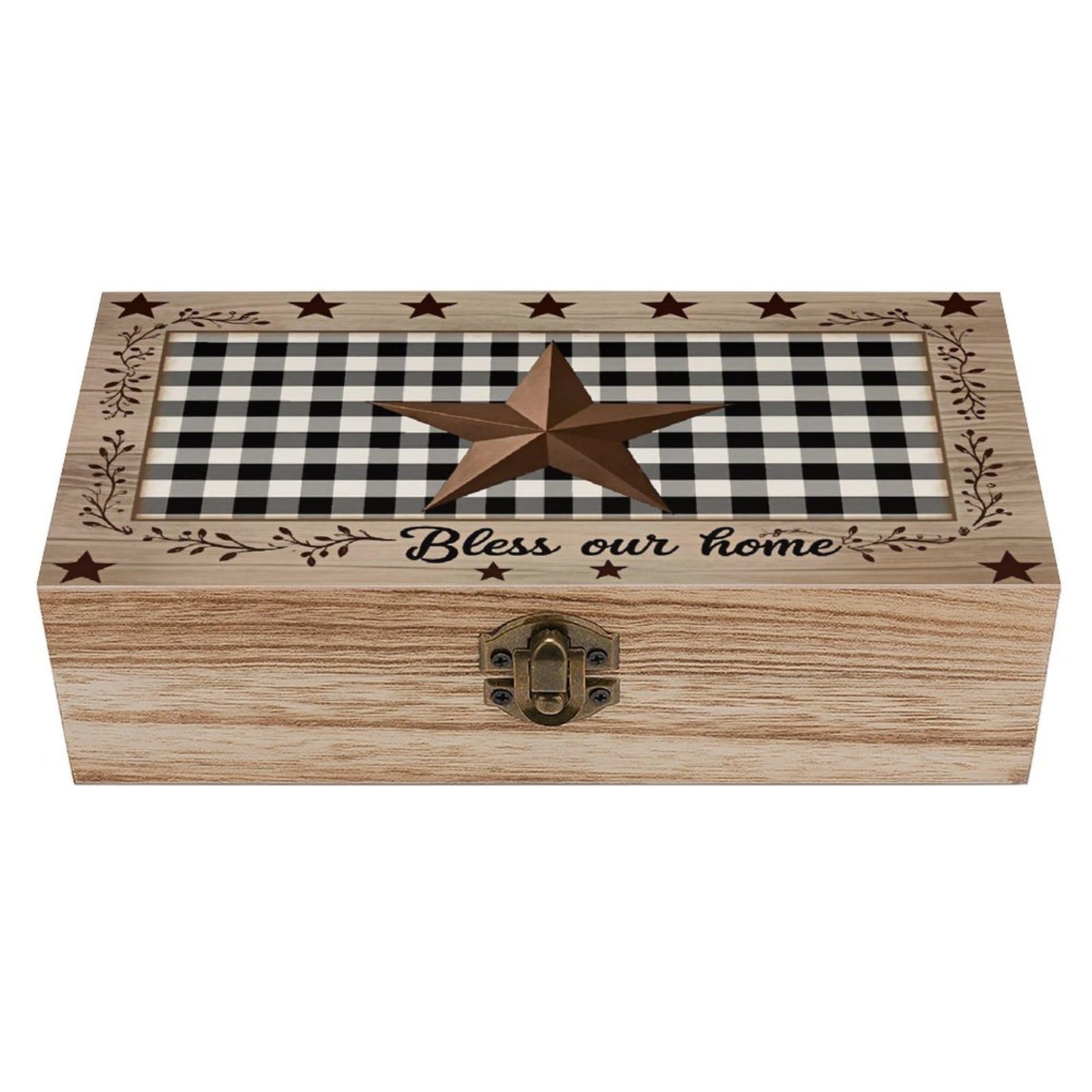 HLBSDM Star With Checkered Vintage Wooden Keepsake Box with Hinged Lid And Locking Clasp, Decorative Storage Box for Jewelry, Trinkets And Small Accessories, Organizer for Home Or Wedding
