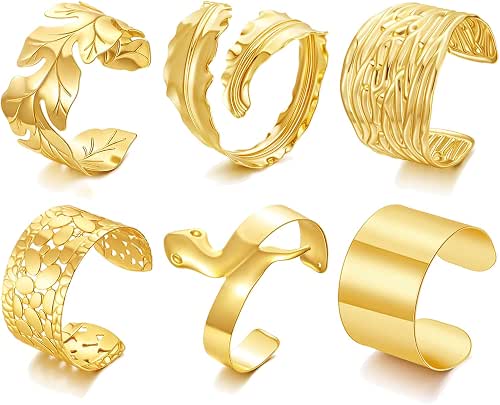 BROCC 6PCS Gold Plated Hammered Cuff Bangle Bracelet for Women