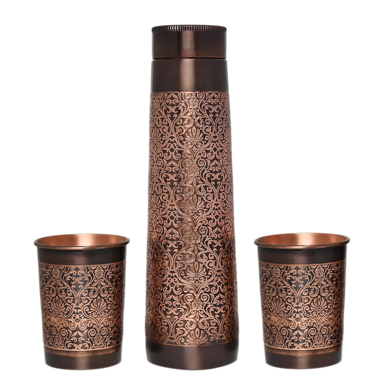 ANCIENT IMPEX Kupfer-Wasserflasche mit 2 Bechern – Blumenmuster Leuchtturmform | Trinkgeschirr aus reinem Kupfer für Ayurveda-Gesundheit, Verdauung & Entgiftung