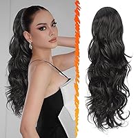 Vista 10 de BARSDAR Extensión de cola de caballo rojo burdeos, extensiones de cabello ondulado con cordón de 16 pulgadas para mujer, extensiones de cabello