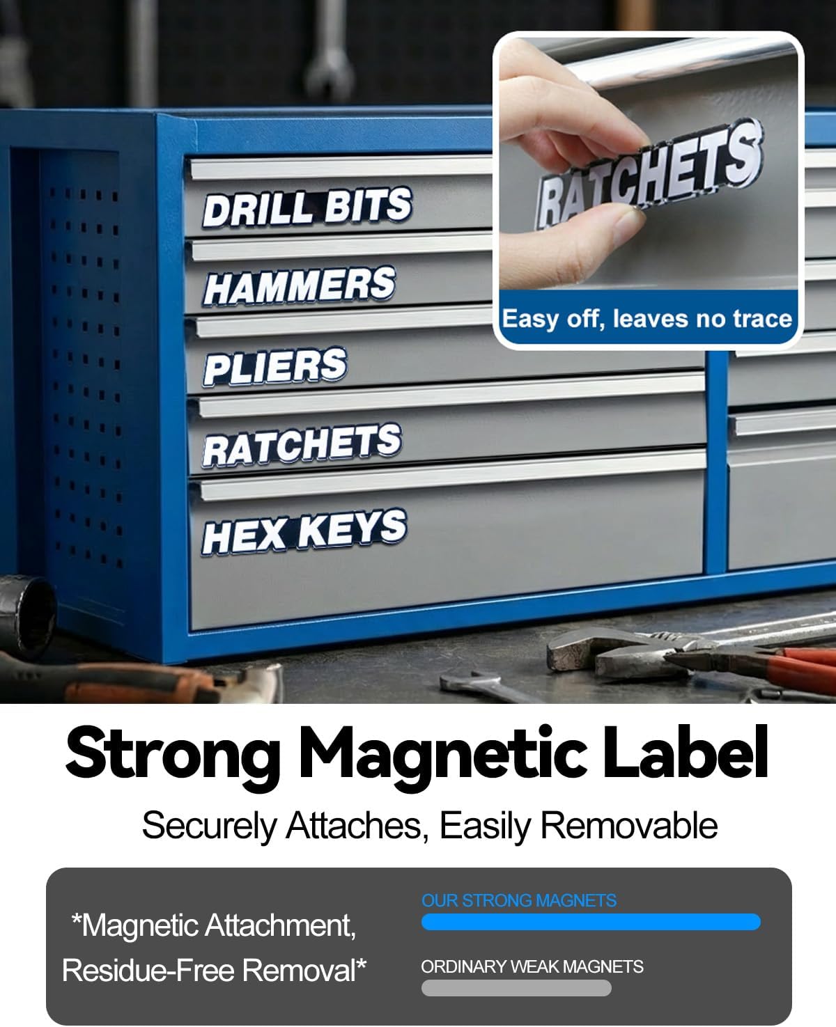 YIUS 12 Pack Magnetic Tool Box Labels, HD Laser Printing Tool Box Labels with Strong Magnets, Reusable Acrylic Magnetic Labels for Steel Toolboxes, Carts, Cabinets (Black) image 3