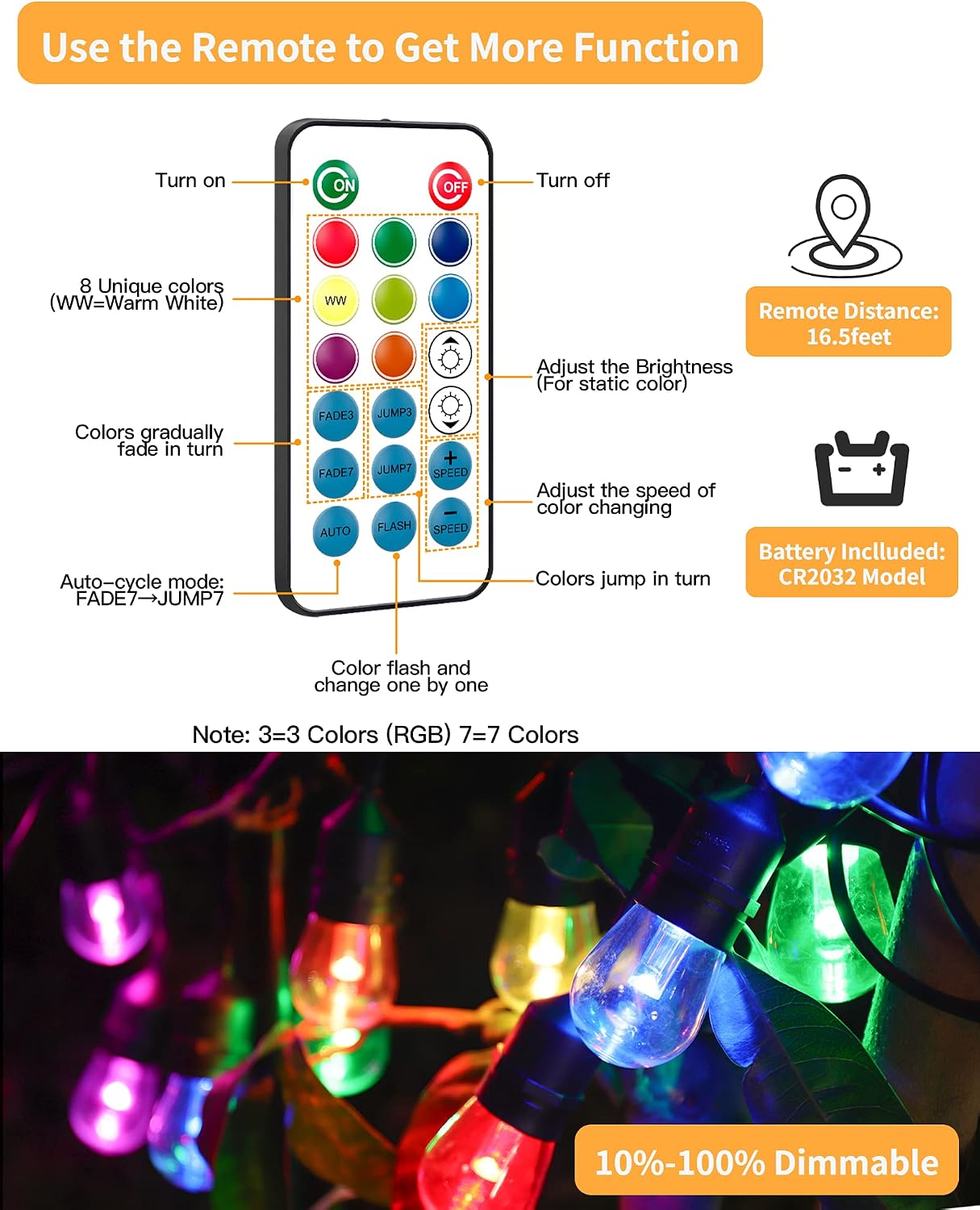 WENFENG 2-Pack 48FT RGBW Led Outdoor String Lights, with Dimmable Remote Control, 30+5 pcs Hanging Shatterproof Vintage Edison Bulbs, Waterproof Commercial Grade Patio String Lights