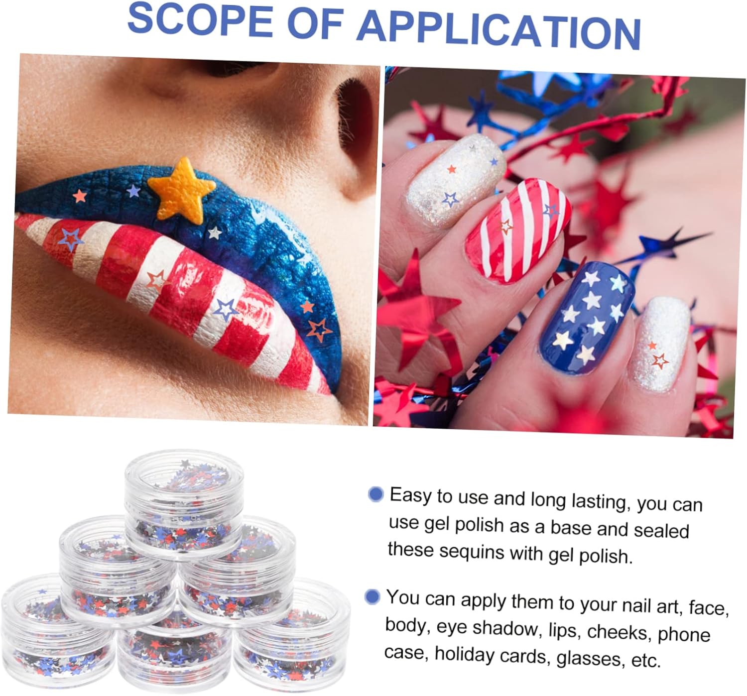 Gatuida 5sets Star Glitter Nail Decoration Independence Day Nail Art Sequins for DIY Designs for Festivals 6boxes*5
