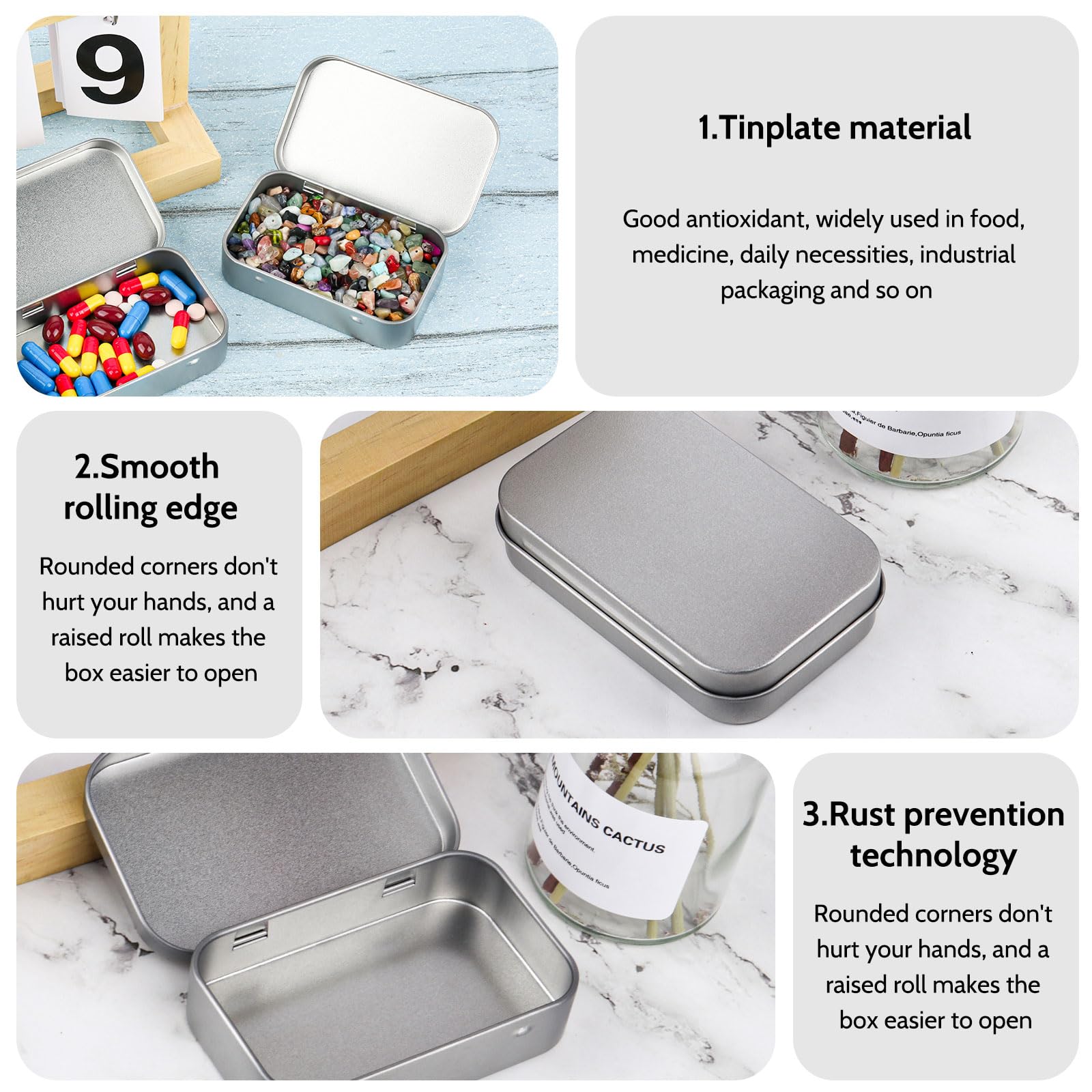 RVLZKCPG Pack of 10 Silver Rectangular Metal Tins with Lid, Portable, Water Resistant, Industrial Style Storage Box, 9.5 x 6 x 2.1 cm - Image 3