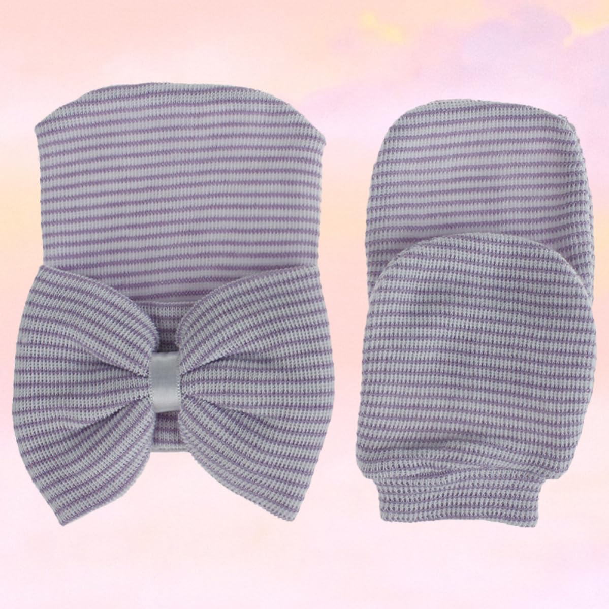 Baby Knit Cap and Glove Set for Newborn Girl with Bow White