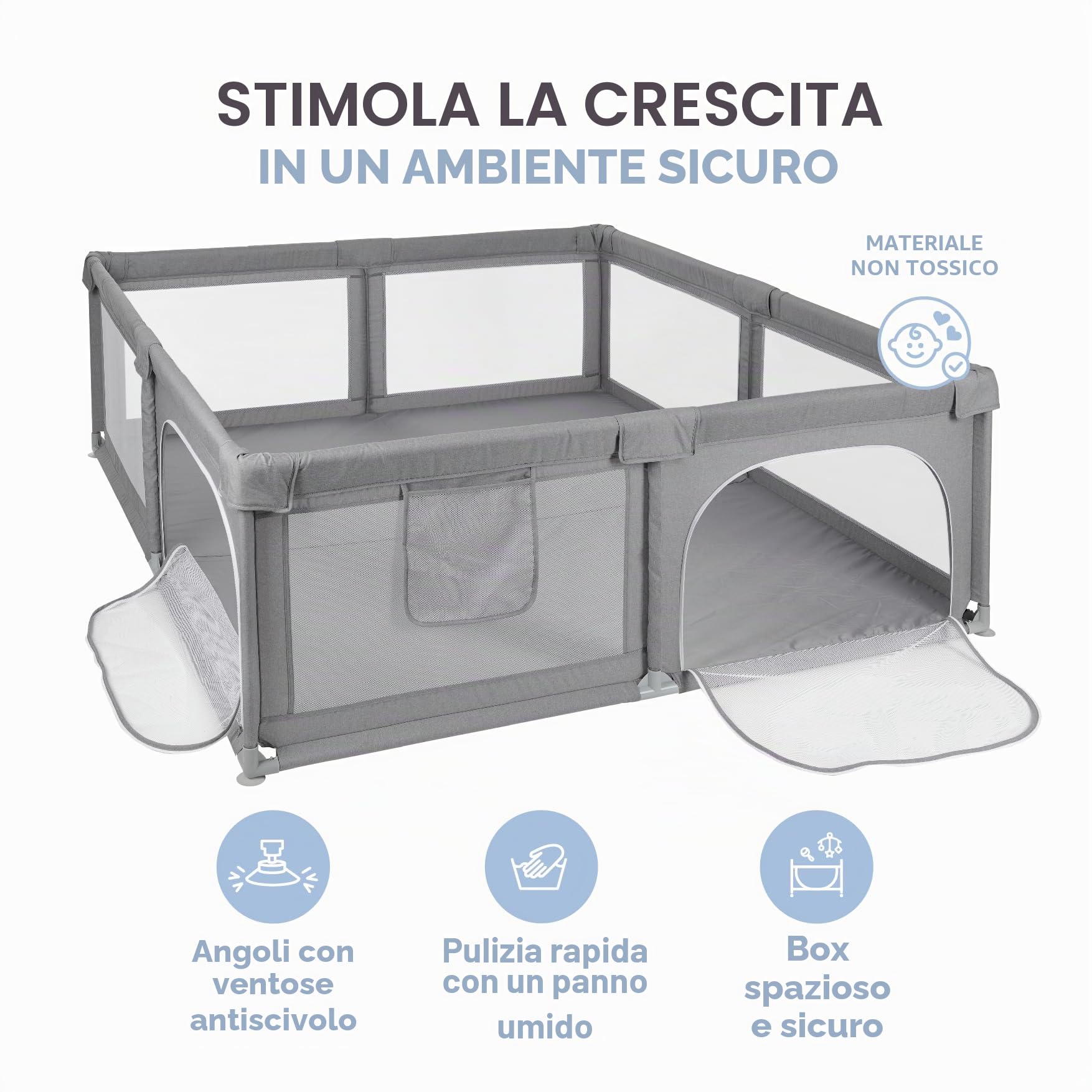 MS BabyWorld - Recinto per bambini XXL + Tappeto gioco per bambini 180 * 200 cm - Tappeto bifacciale, altamente imbottito (spessore 1,5 cm), Box molto grande e alto - pieghevole e con borsa trasporto