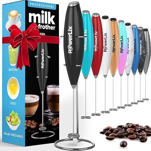 PowerLix Milk Frother Handheld Battery Operated Electric Whisk Beater Foam Maker For Coffee, Latte, Cappuccino, Hot Chocolate, Durable Mini Drink Mixer With Stainless Steel Stand Included (Black)