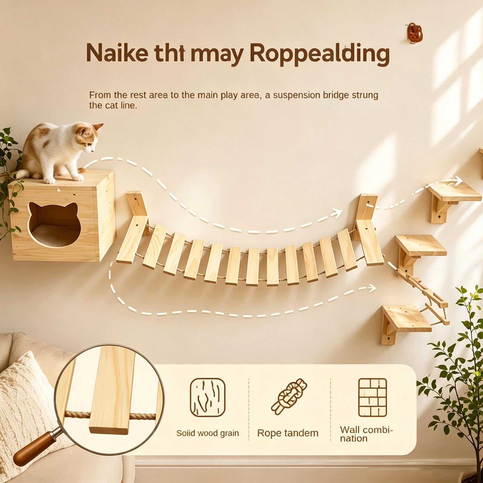 Wooden Cat Wall Shelf with Hanging Bridge for Indoor Kittens and Cats