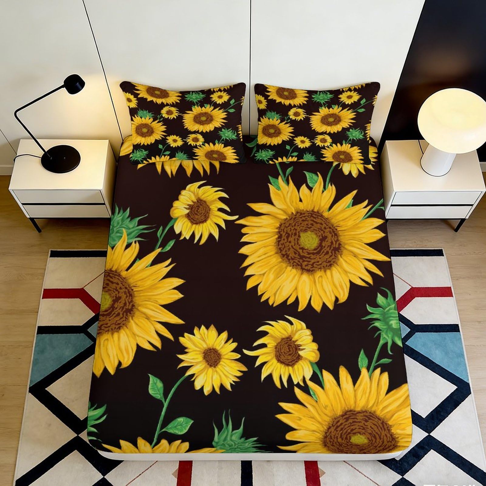 3D Printed Sunflower Fitted Sheet Microfiber Deep Pocket Bedroom Bedding Sunflower Mattress Fitted Cover Non-Slip Soft Wrap Washable 200x200x25cm