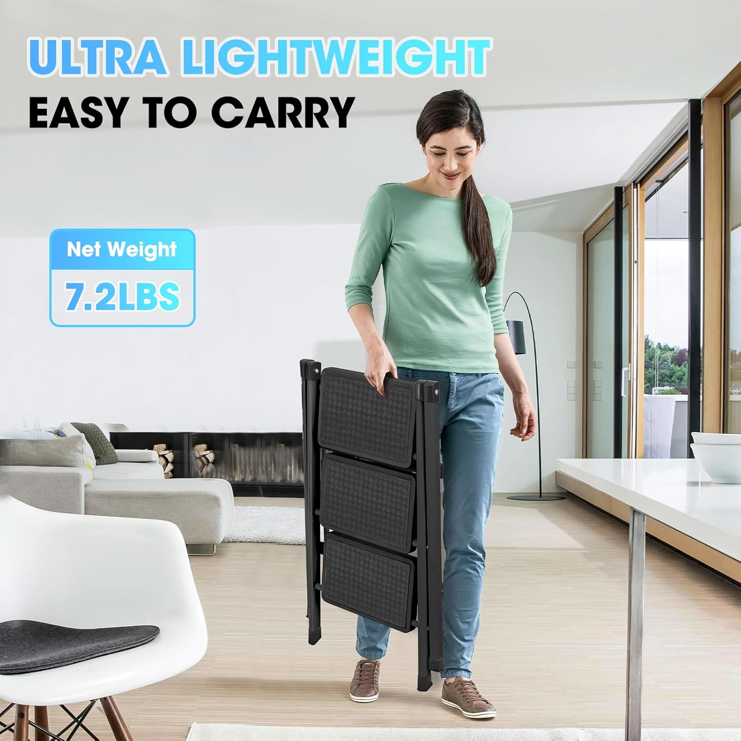 3 Step Ladder, Folding Step Stool for Adults, Lightweight Aluminum Step Ladder, Portable 330 LBS Capacity Ladders for Home Kitchen Library Office, Small Step Stools with Anti-Slip Wide Pedals