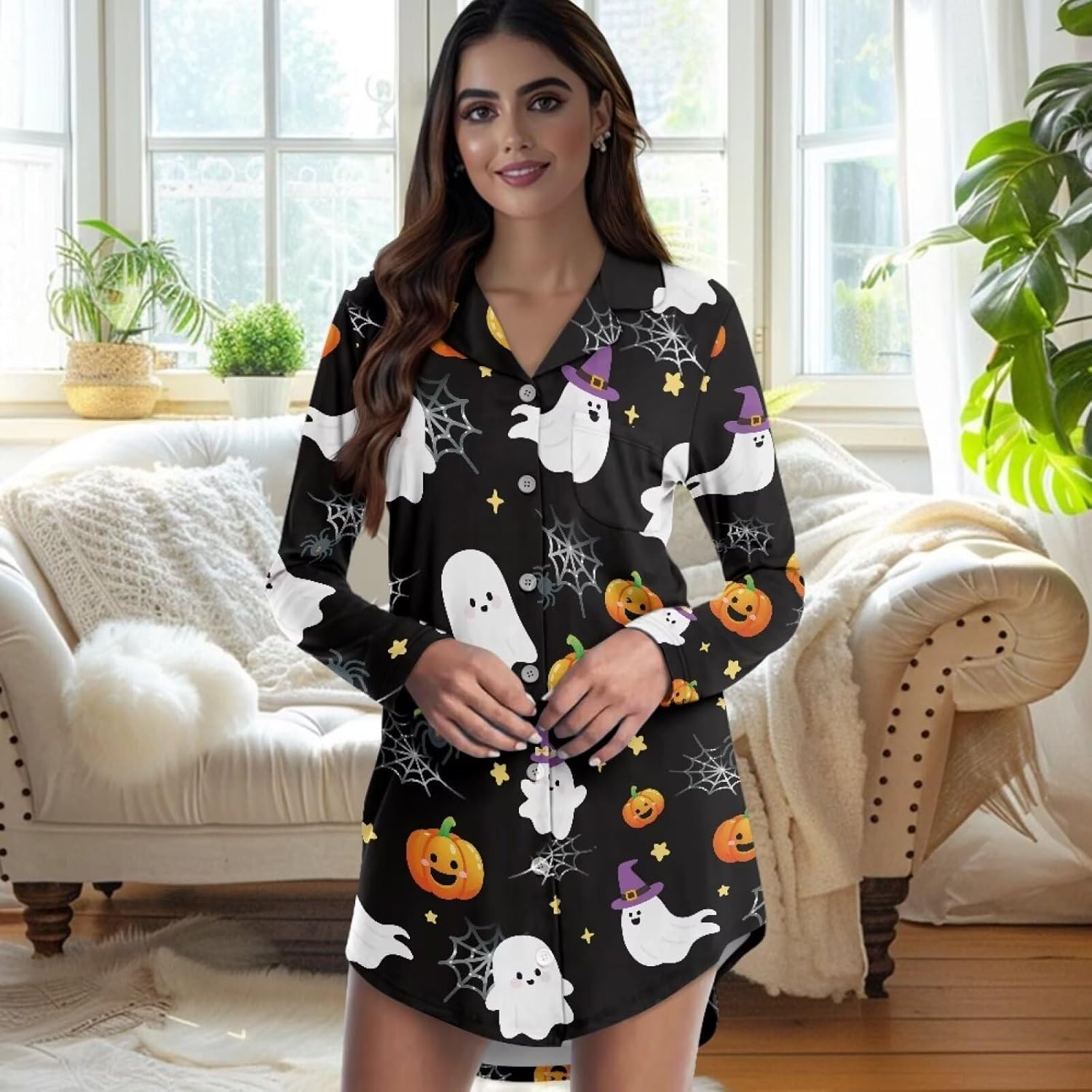 Halloween Women's Pajama Sets 2 Piece Sleepwear Loungewear Button Down Long Sleeve PJ Set V Neck Casual Nightwear