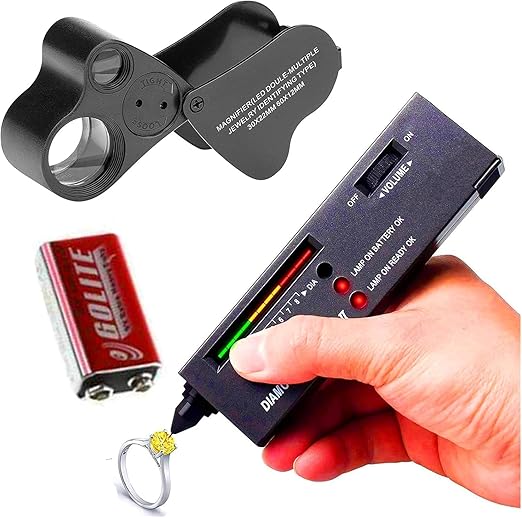High Accuracy Diamond Tester Pen - Jewelry Gem Detector With 30X 60X Illuminated Eye Loupe, Mini LED Foldable Magnifying Distinguish Tool (Black Tester, Black Loupe)