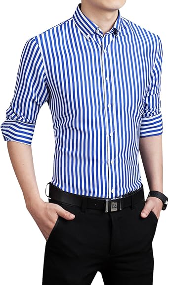 Men's Casual Business Vertical Striped Button Down Long Sleeve Dress Shirts