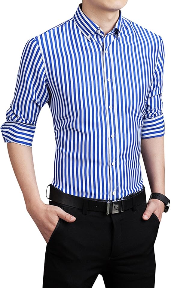 Men's Casual Business Vertical Striped Button Down Long Sleeve Dress Shirts