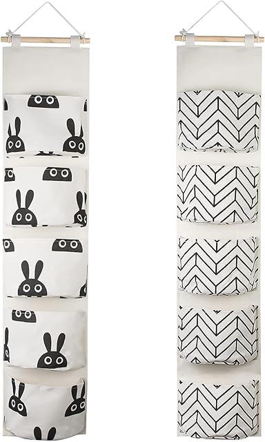 SMFANLIN 2Pcs Over The Door Storage Hanging Bag, Premium Linen Fabric Wall Closet Hanging Storage Organizer with 5 Pockets, Waterproof Hanging Shelves Pocket for Wall Bedroom Bathroom (Rabbit)