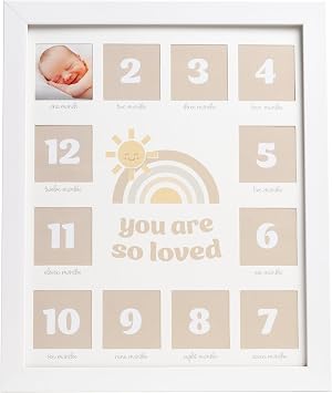 Kate & Milo My First Year Baby Photo Frame Monthly Milestone Picture Display, Keepsake Nursery Decor for Newborn Girl or Boy,#34;You Are So Loved" Sentiment, White