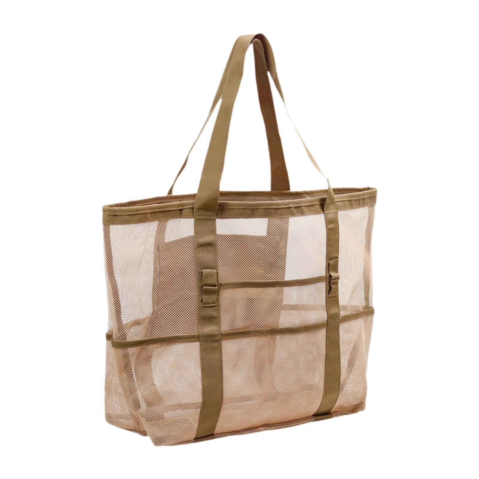 nivaa Mesh Beach Tote Overnight Bag Storage Shoulder Bag for Work Birthday Vacation Khaki-picture-46