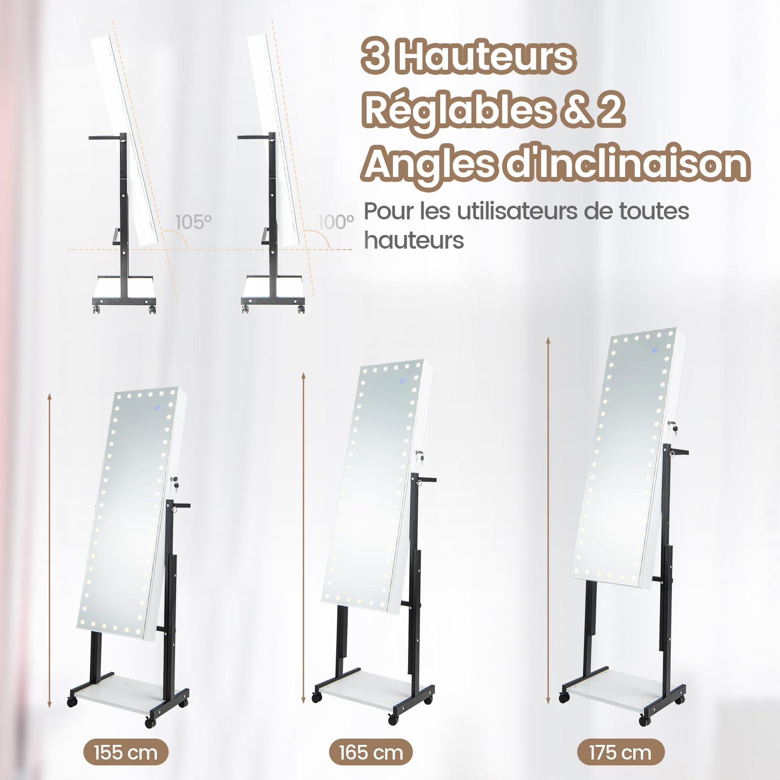 RELAX4LIFE Armoire à Bijoux sur Pied à Roues, Miroir Rangement Bijoux avec LED 3 Couleurs, Hauteurs & Angles Réglables, Étagère Inférieure, Meuble Bijoux pour Chambre Dressing(Blanc)