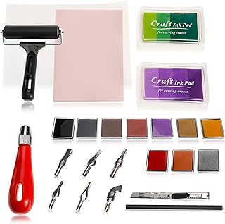 Patioer 18 Pcs Rubber Stamp Making Kit Block Print Tool Set Linoleum Cutter with 6 Type Blades, Tracing Paper, Rainbow Ink...