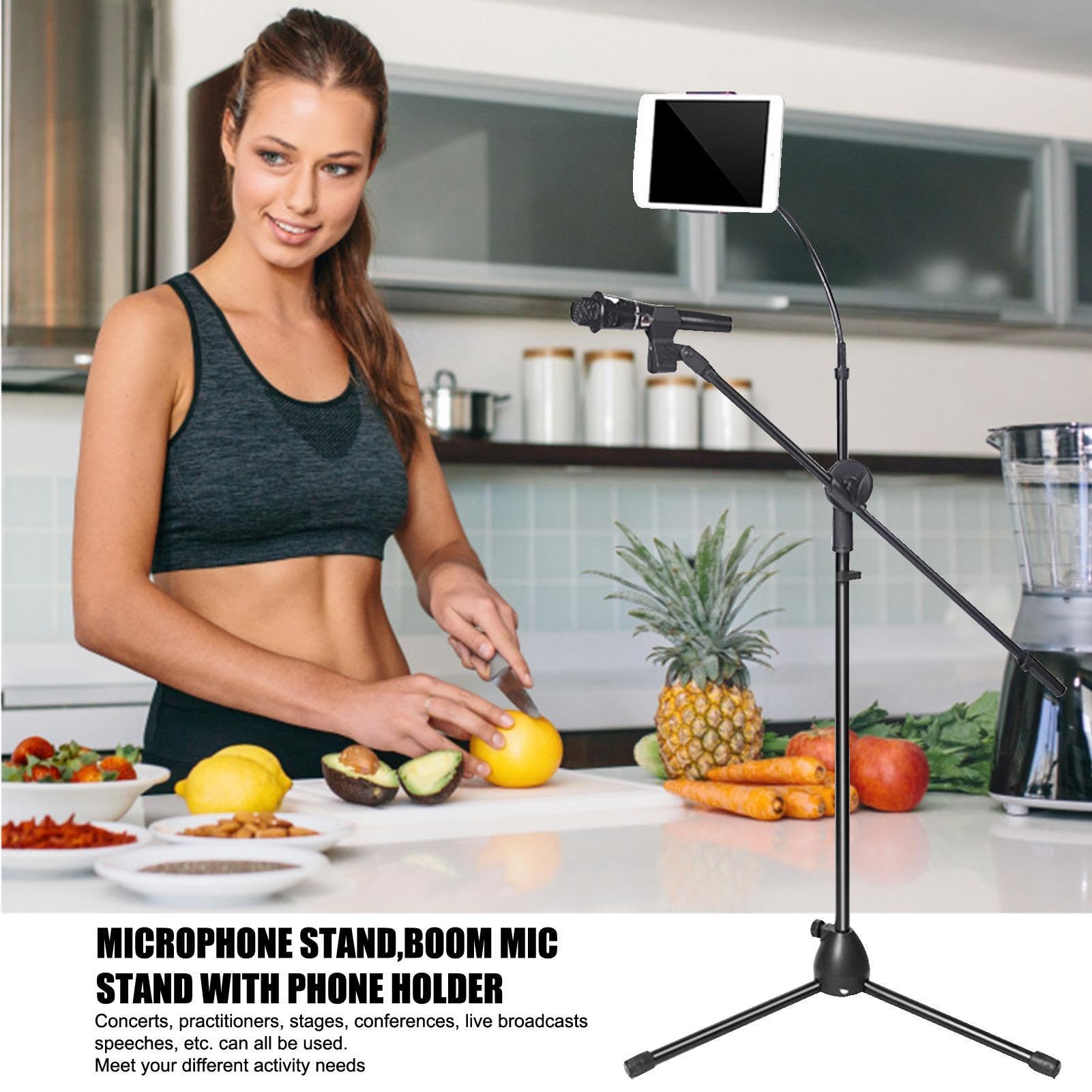 Supporto per microfono - Treppiede per microfono da pavimento 2 in 1 con | supporto per telefono, supporto per microfono rotante portatile e staccabile regolabile in altezza per spettacoli di canto su