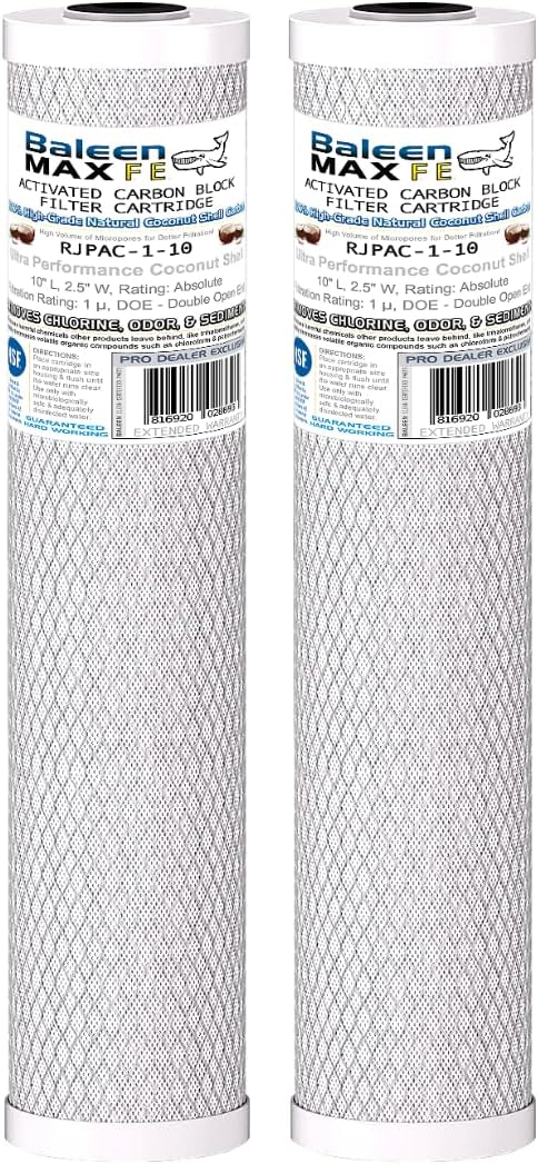 Baleen Filters 1 Micron 2.5" x 10" Whole House CTO Coconut Shell Performance Carbon Filter Cartridge Replacement for HDX CB-25-1001, Watts WCB10-CHLORA, Pentek CCBC-10 (10" x 2.5" 1 Micron, 2, Count)