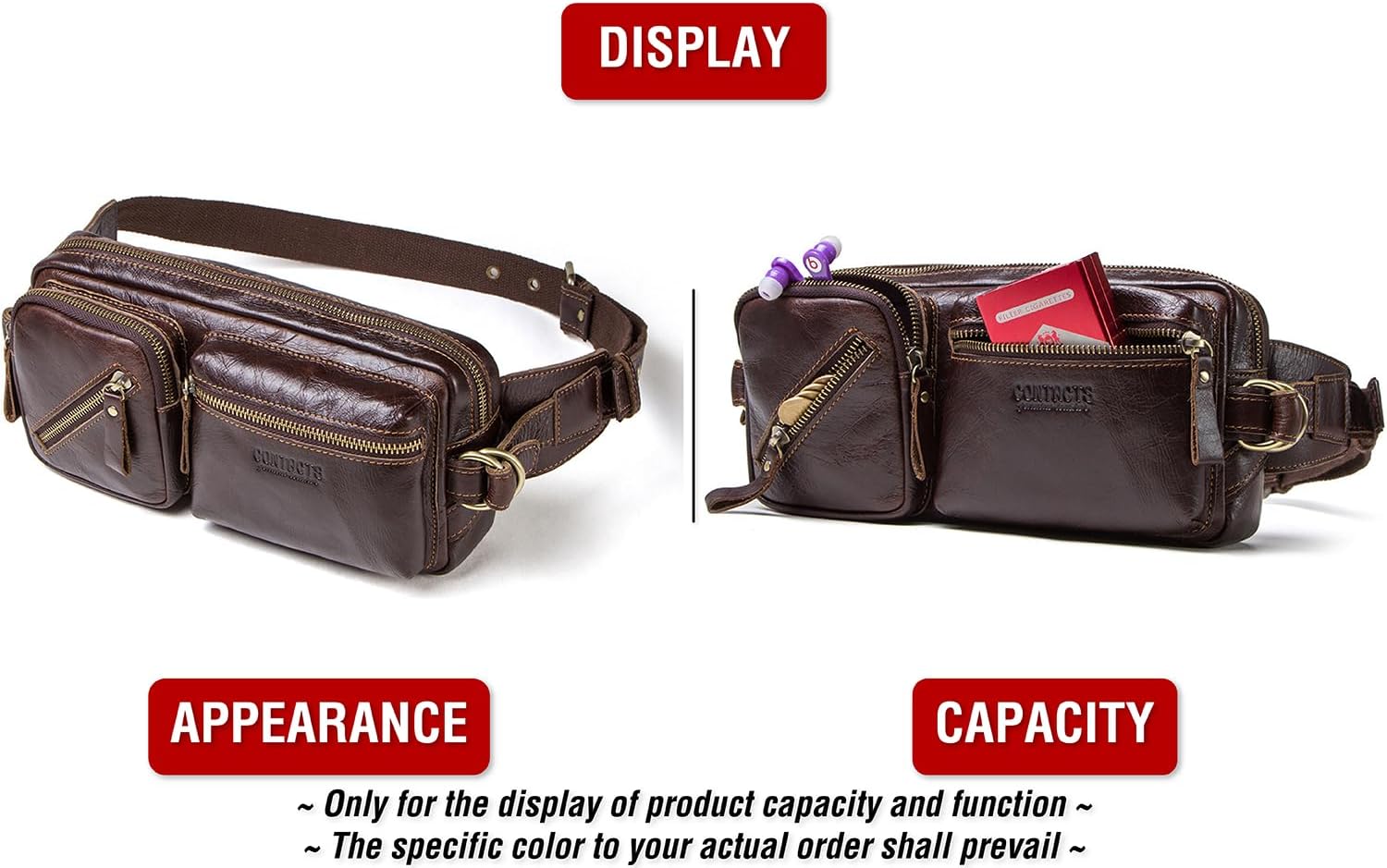 Top Grain Genuine Leather Slim Fanny Pack for Man & Woman, Vintage Design & 5 Zipper Pockets & Adjustable Strap, Handmade, Large Capacity Waist Pack Crossbody Belt Bag for Travel or Ride, Dark Coffee - Image 8