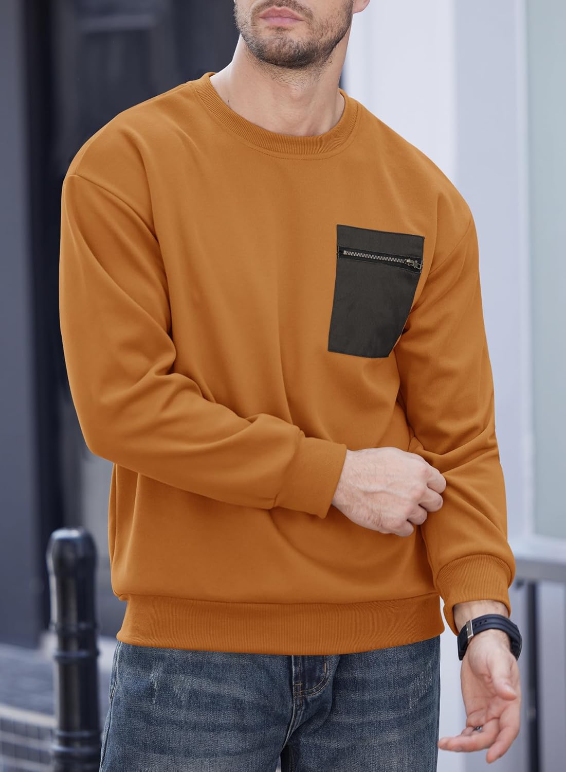 Men's Casual Crewneck Sweatshirts Loose-Fit Fashion Long Sleeve Pullover with Chest Pocket (S-XXL) - Image 4